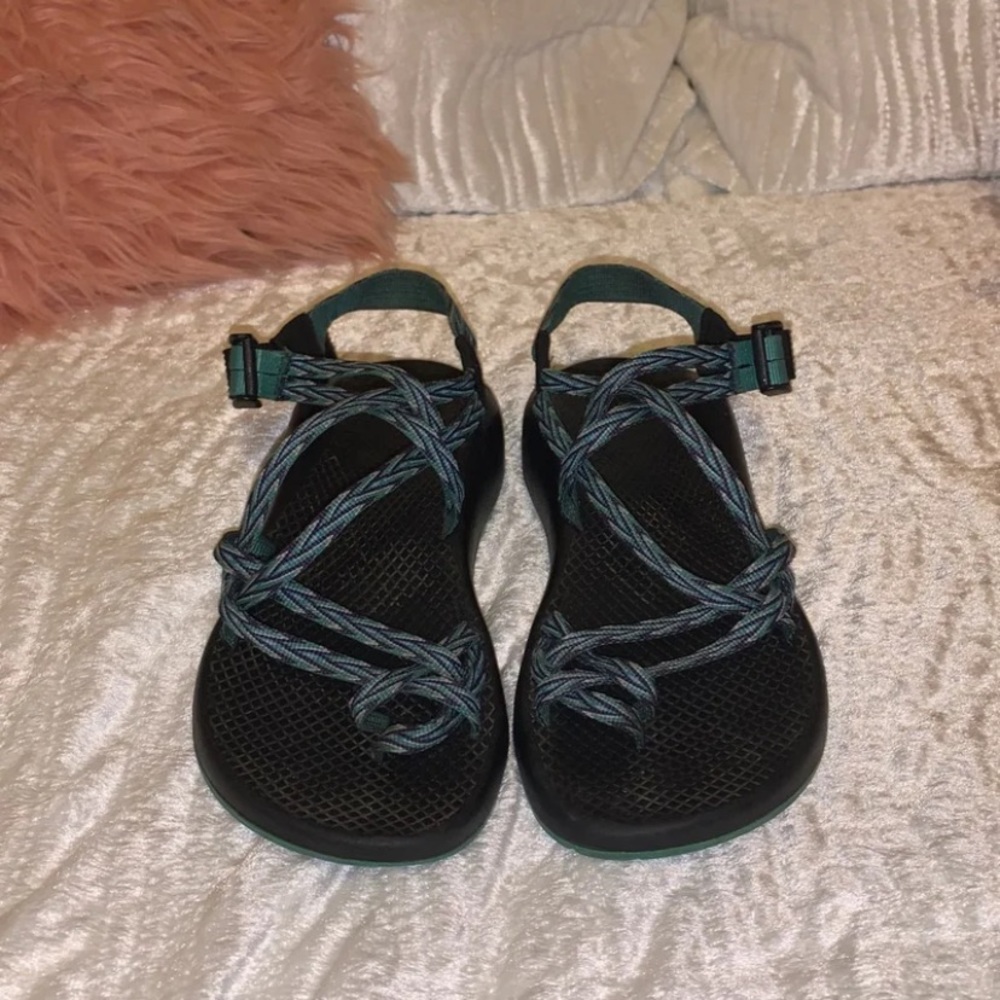 Blue tribal print chacos